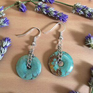 Turquoise Donut Earrings, Silver Curb Chain, Pierced